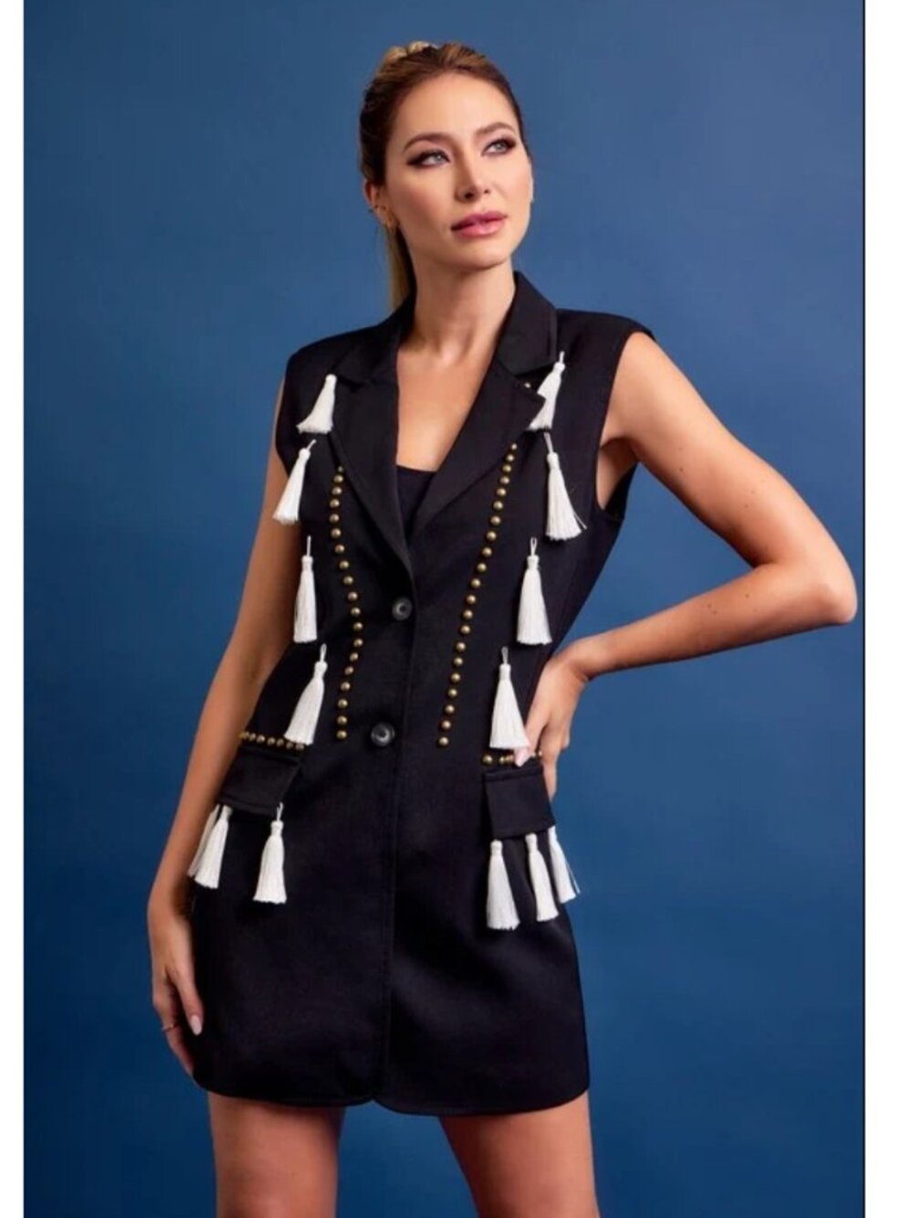 RUW Studded Tassel Sleeveless Blazer Mini Dress Black S NWT